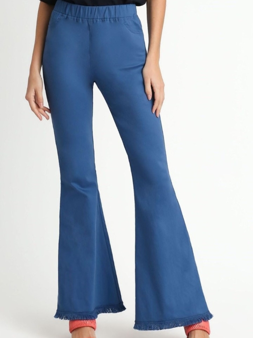 Blue High-Waist Flared Pants with Fringe Hem